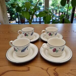 Lenox Chinastone Poppies on Blue Cup & Saucers Red Flowers Blue Leaves Set of 4